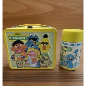Vintage 1979 Sesame Street Yellow Metal School Lunch Box and Thermos Aladdin Set